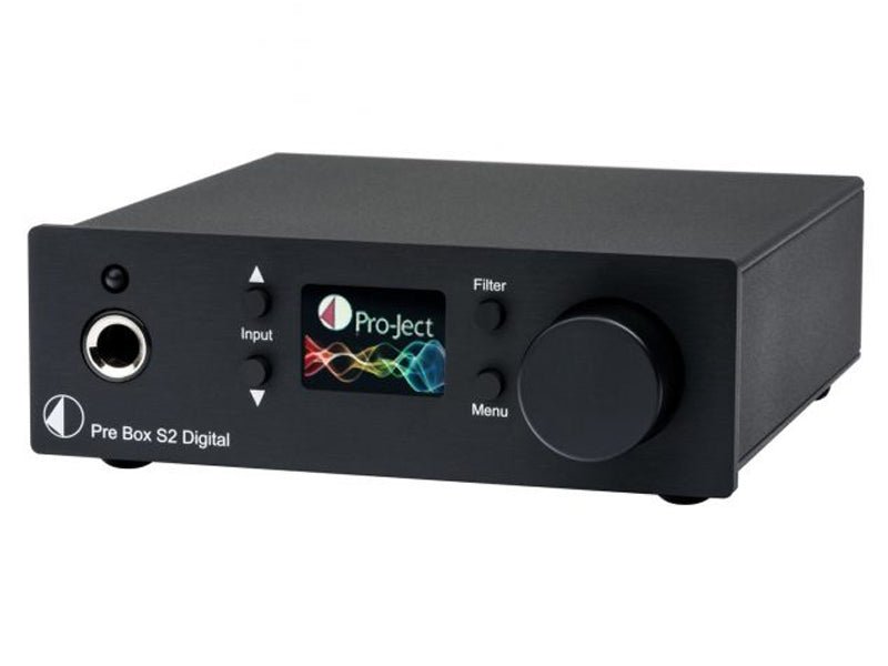 Black audio preamplifier with digital display on a white background