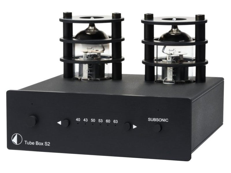 Black audio equipment with tube components on a white background