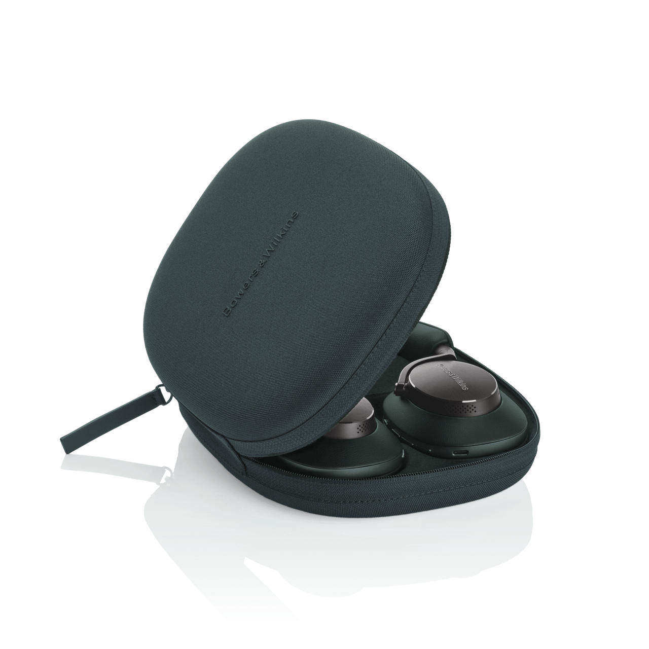 Black earbud case with wireless earbuds on a white background
