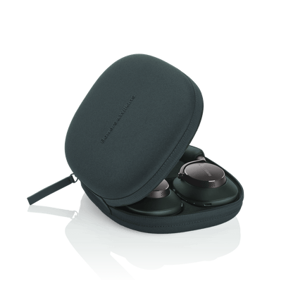 Black earbud case with wireless earbuds on a white background