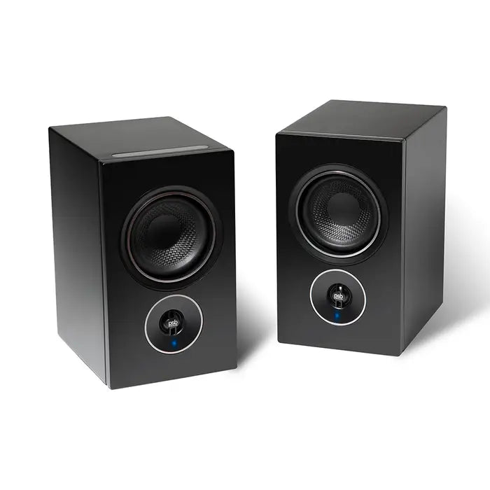 Pair of black speakers on a white background