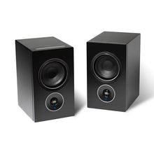 Pair of black speakers on a white background