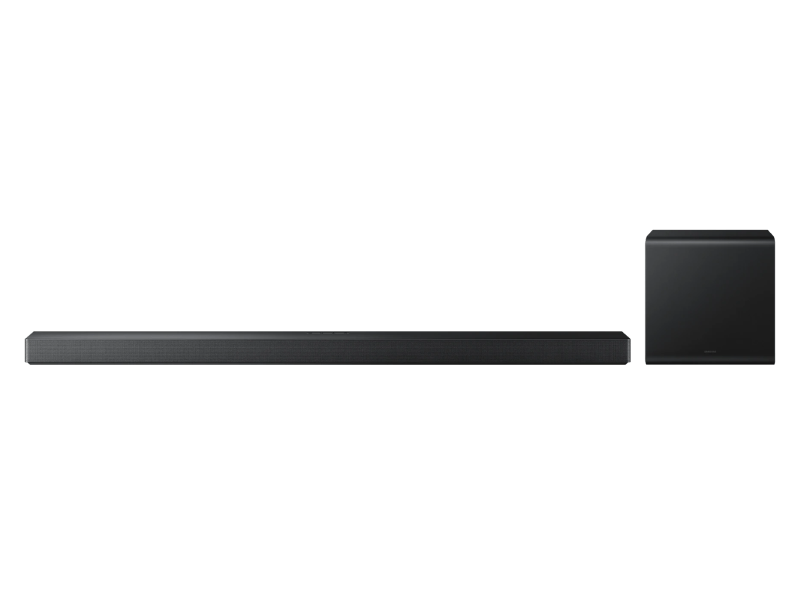 Black soundbar with subwoofer on a white background