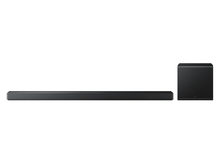 Black soundbar with subwoofer on a white background