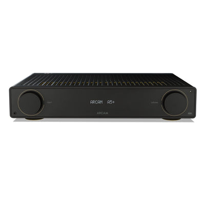 Black audio amplifier with 'Arcam' branding on a white background