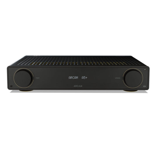 Black audio amplifier with 'Arcam' branding on a white background