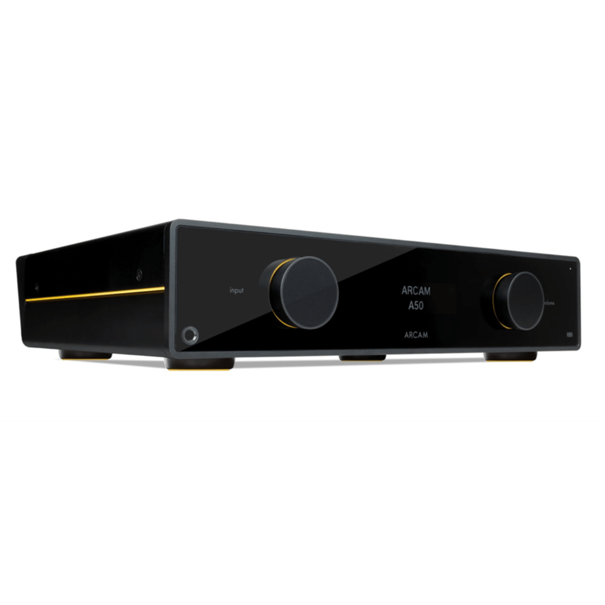 Arcam A50 Signature integrated amplifier angled view showing input and volume dials on glossy black fascia