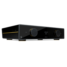 Arcam A50 Signature integrated amplifier angled view showing input and volume dials on glossy black fascia