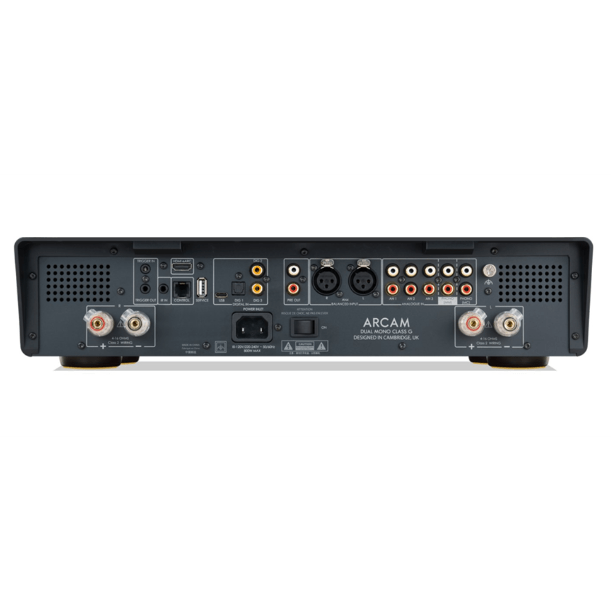 Arcam A50 Signature amplifier rear panel with HDMI ARC, XLR balanced inputs, phono MC/MM, and speaker terminals