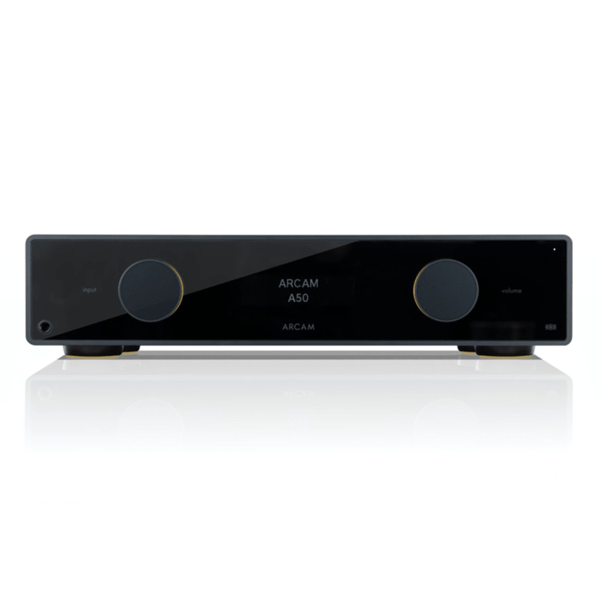 Arcam A50 Signature integrated amplifier front view, black finish with ARCAM A50 display and input volume knobs