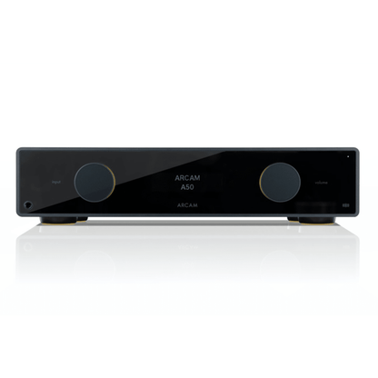 Arcam A50 Signature integrated amplifier front view, black finish with ARCAM A50 display and input volume knobs