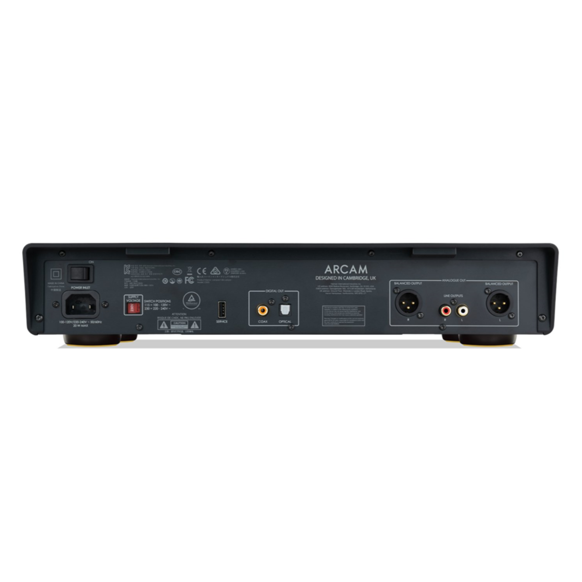 Arcam CD25 CD player rear panel showing balanced XLR outputs, RCA line outputs, coaxial and optical digital outputs
