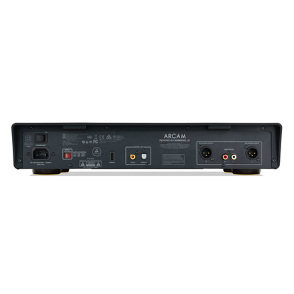 Arcam CD25 CD player rear panel showing balanced XLR outputs, RCA line outputs, coaxial and optical digital outputs