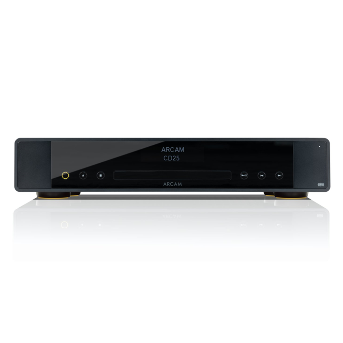 Arcam CD25 CD player front view in black with slot-loading disc drive and OLED display