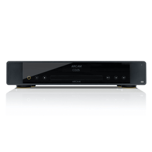 Arcam CD25 CD player front view in black with slot-loading disc drive and OLED display