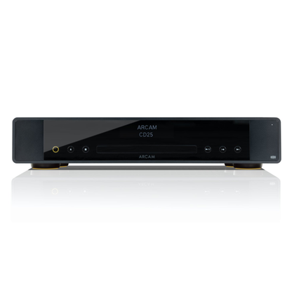 Arcam CD25 CD player front view in black with slot-loading disc drive and OLED display