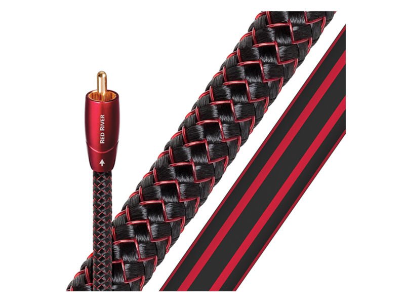 Braided audio cable with RCA connector on a white background