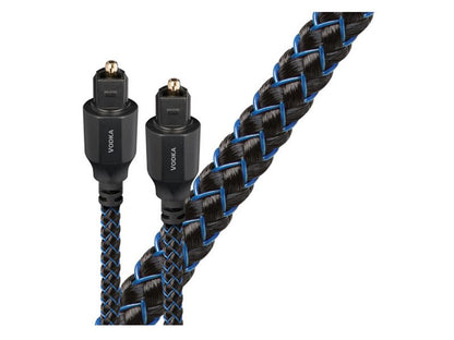 Braided audio cable with black and blue design on a white background