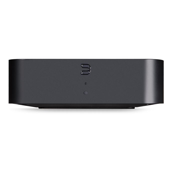 Black electronic device with a logo on a white background