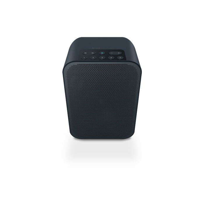 Black portable speaker on a white background