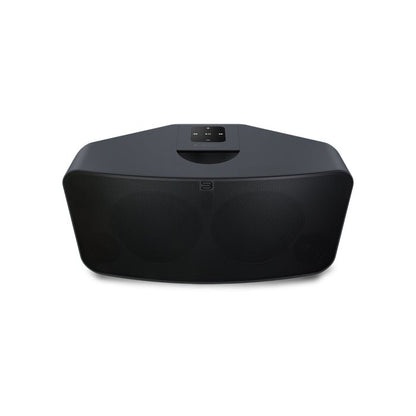 Black round speaker on a white background
