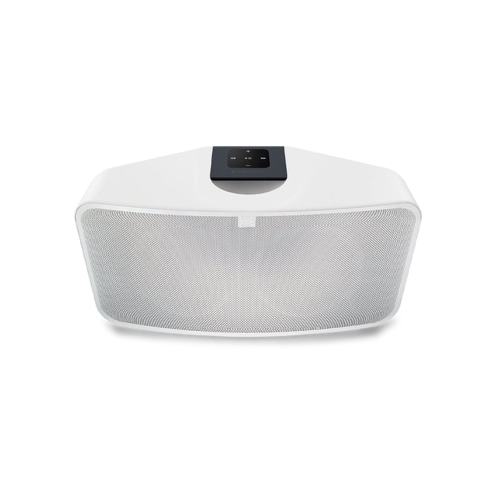 White speaker with a control panel on a white background