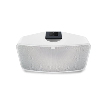 White speaker with a control panel on a white background