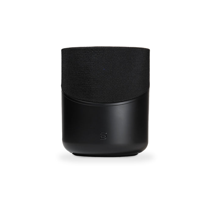 Black smart speaker on a white background