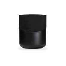 Black smart speaker on a white background
