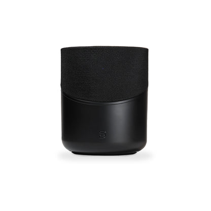 Black smart speaker on a white background