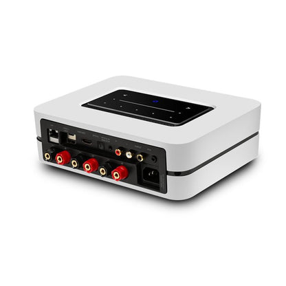 White electronic device with a screen and various ports on a white background