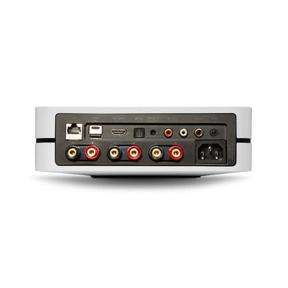Back view of an electronic device with various ports on a white background