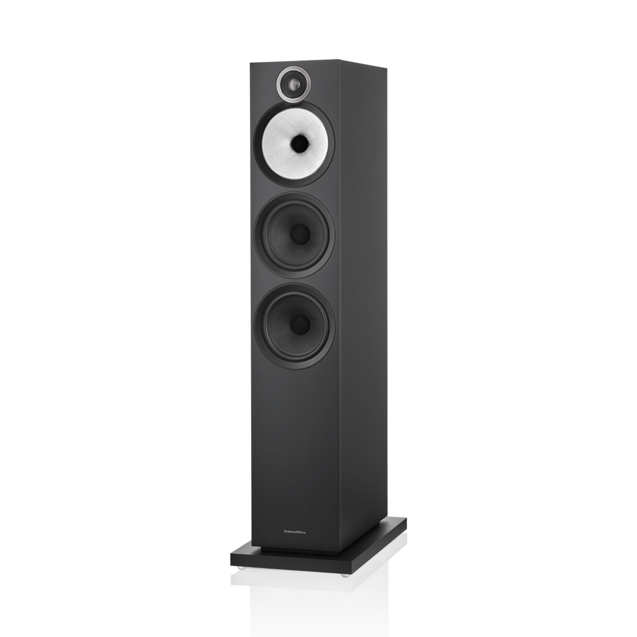 Black floor-standing speaker on a white background