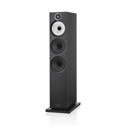 Black floor-standing speaker on a white background