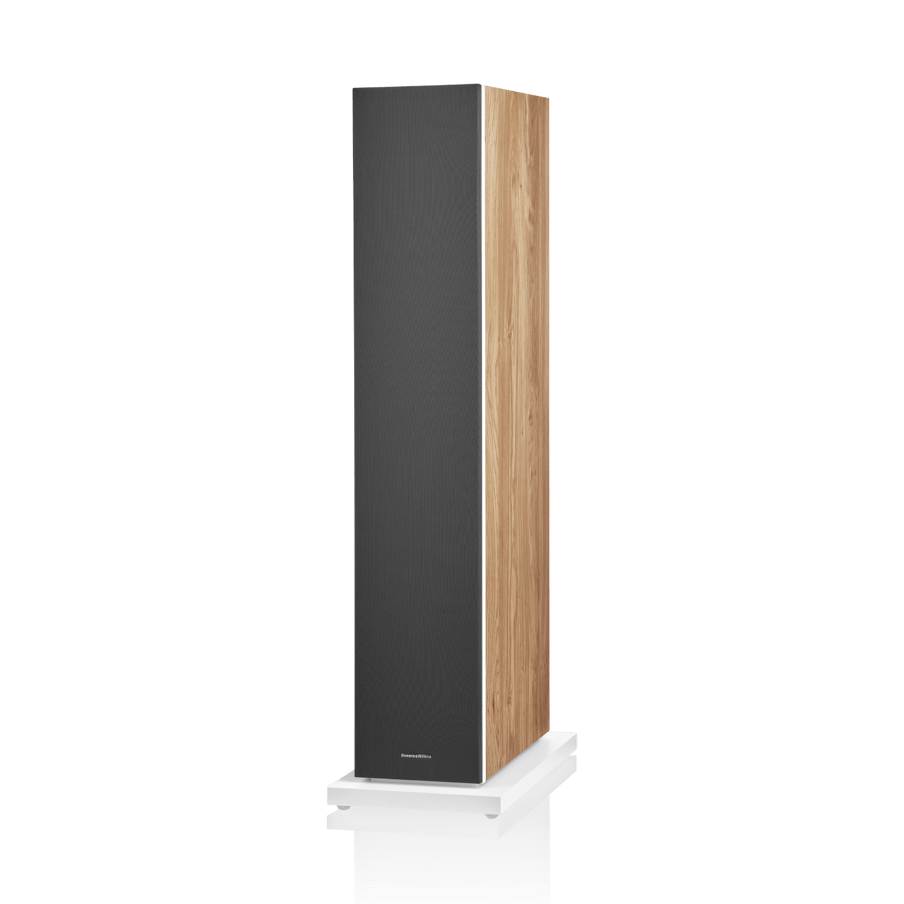 Tall speaker with wooden front panel and black side panel on a white background