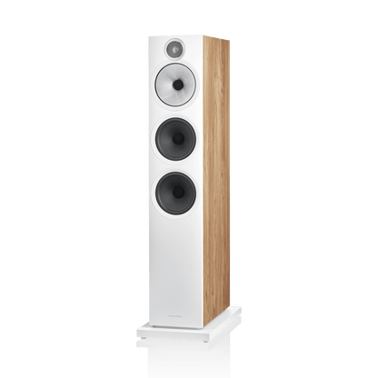 Floor-standing speaker with white and wood design on a white background