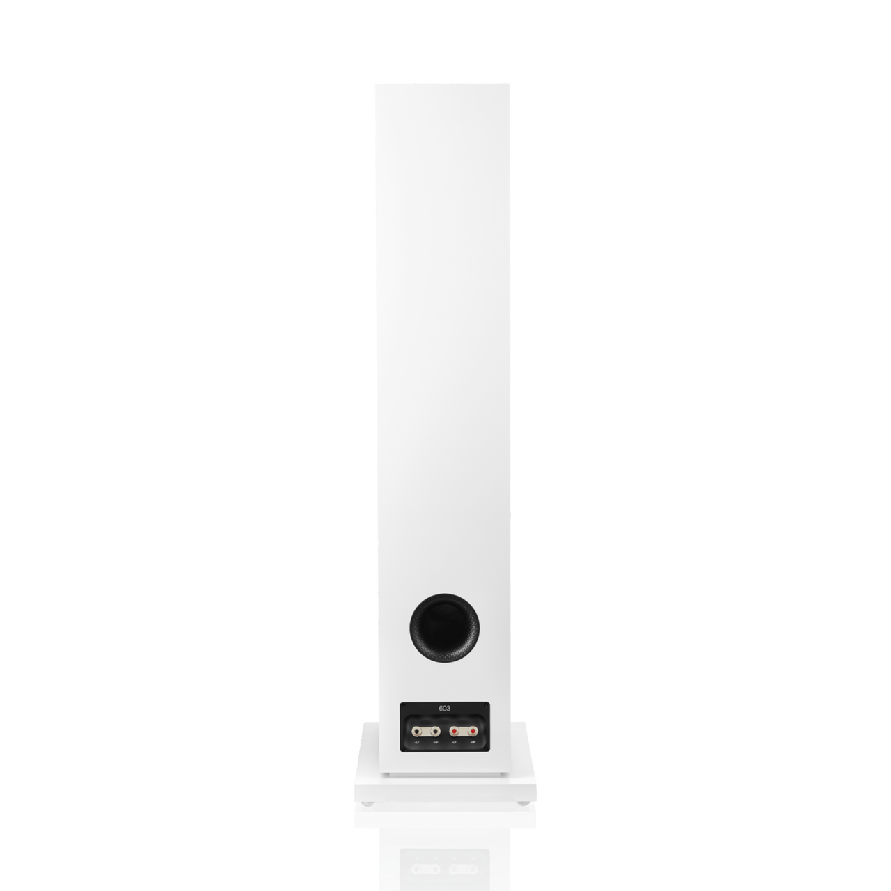 White floor-standing speaker with a black driver on a white background