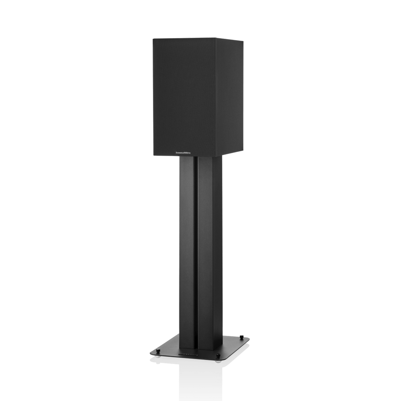 Black speaker stand with a black speaker on a white background