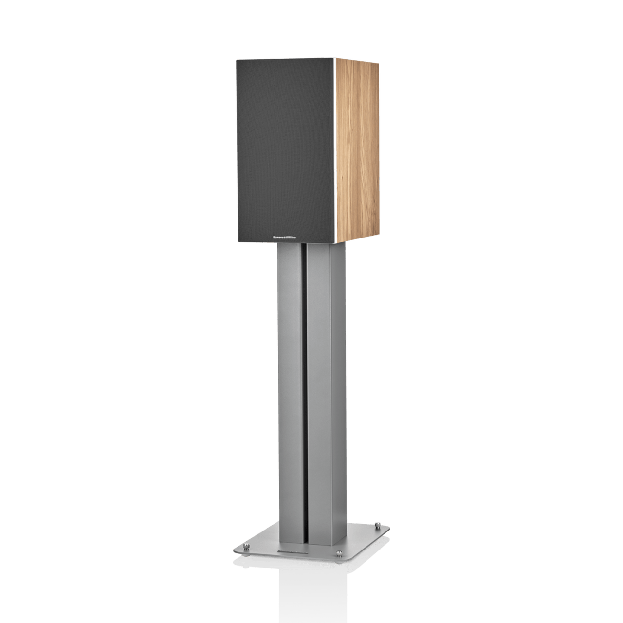 Tall speaker with wooden front panel on a white background
