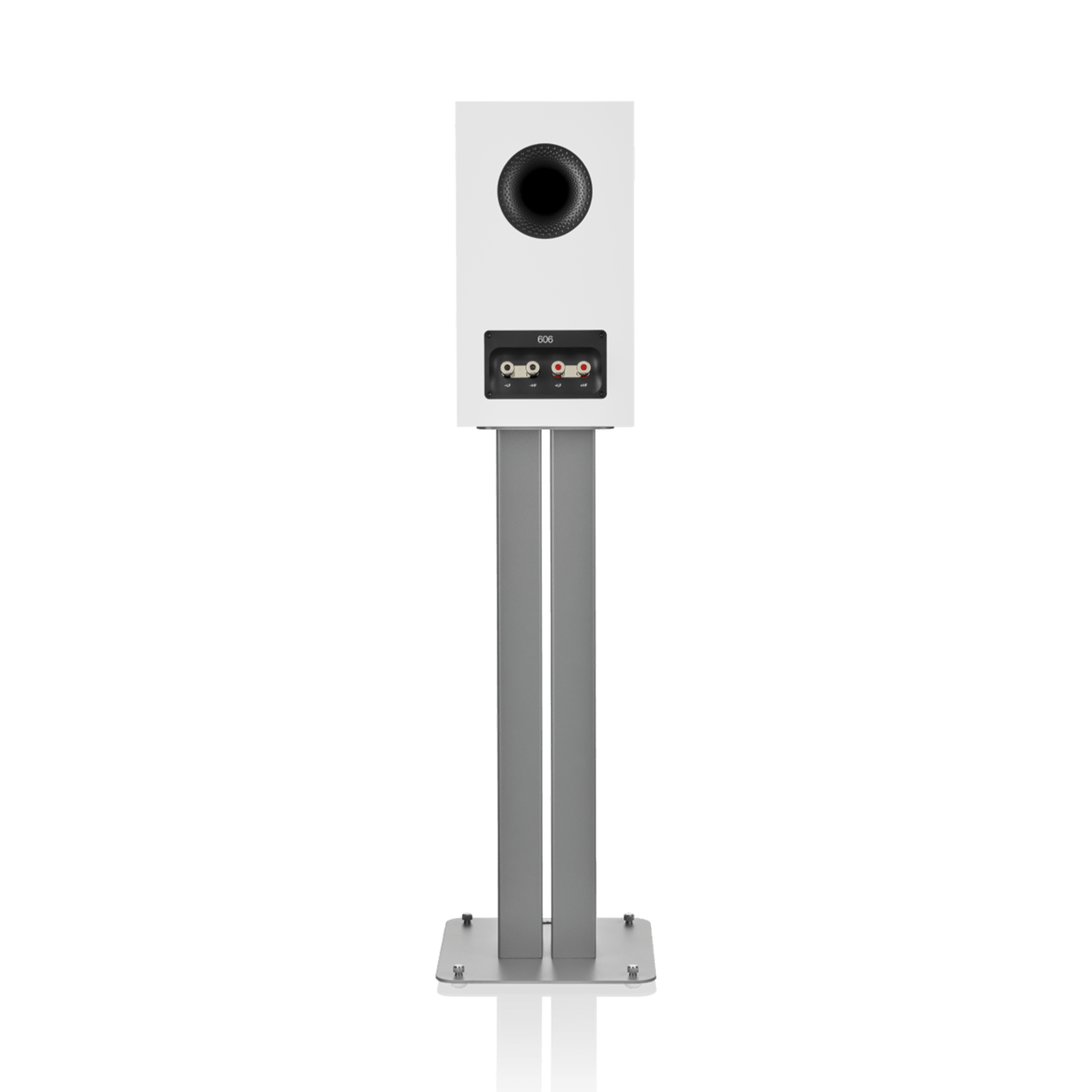 White speaker on a stand with a white background
