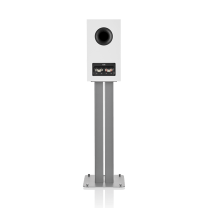 White speaker on a stand with a white background