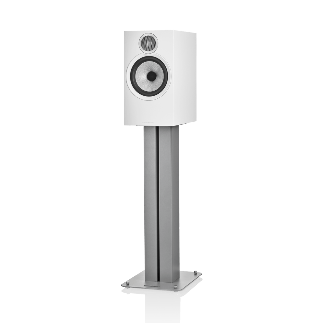 White speaker on a stand with a white background