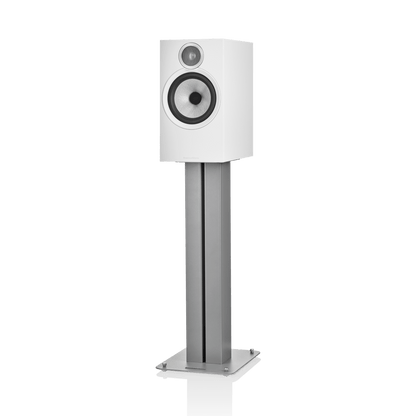 White speaker on a stand with a white background