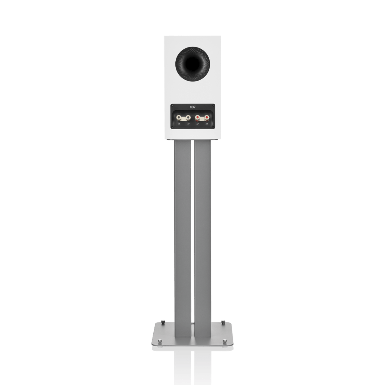 White floor-standing speaker with a black driver unit on a white background