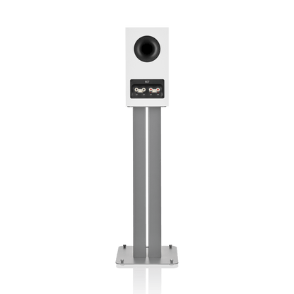 White floor-standing speaker with a black driver unit on a white background