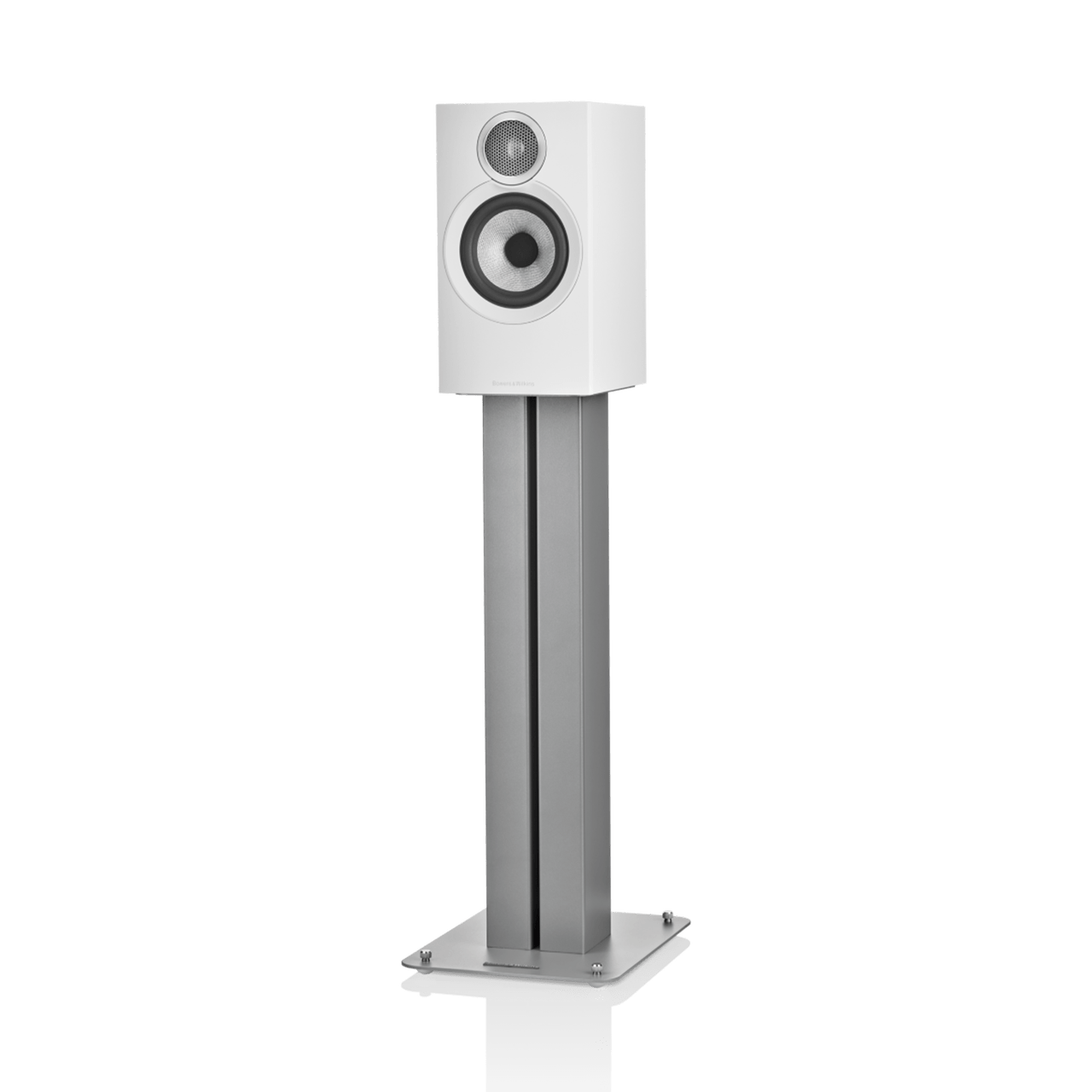 White speaker on a stand against a white background