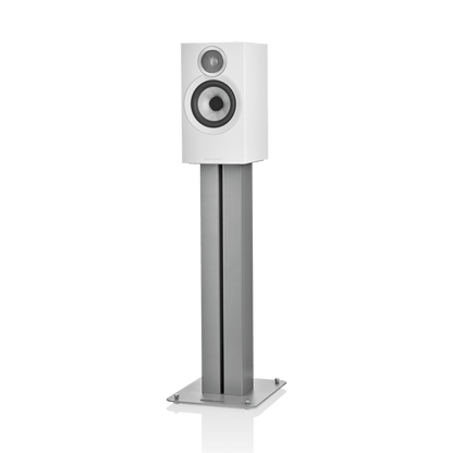 White speaker on a stand against a white background