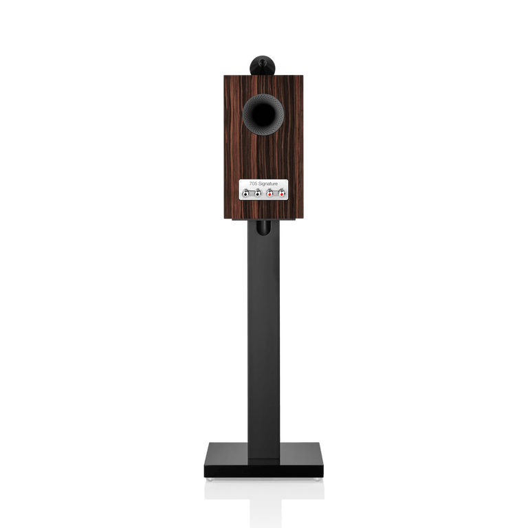 Wooden speaker on a stand with visible brand name on a white background