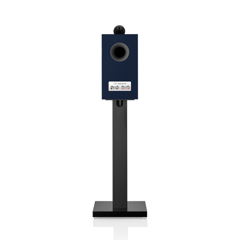 Blue speaker on a stand with a white background