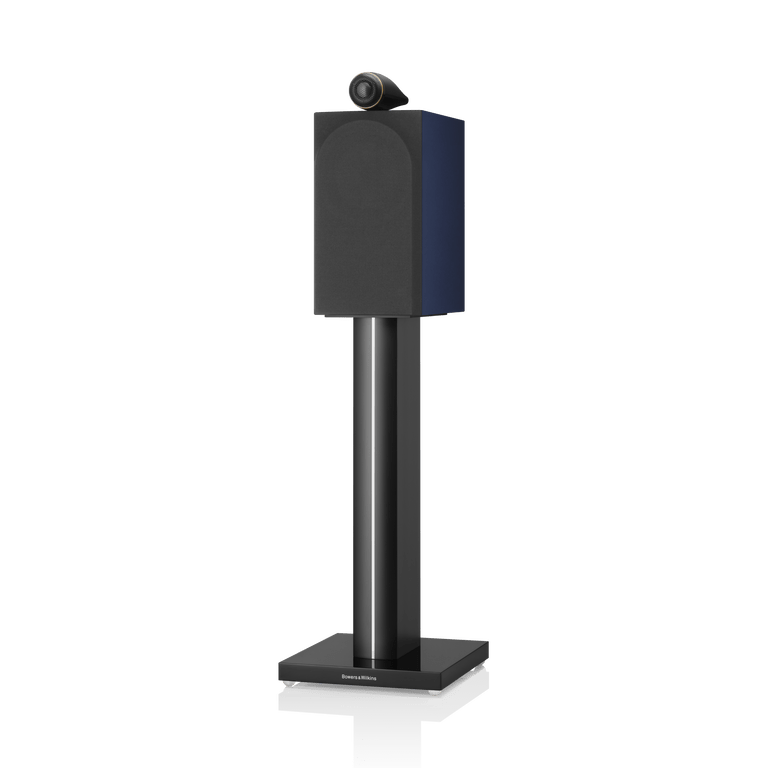 Black speaker on a stand with a blue accent against a white background